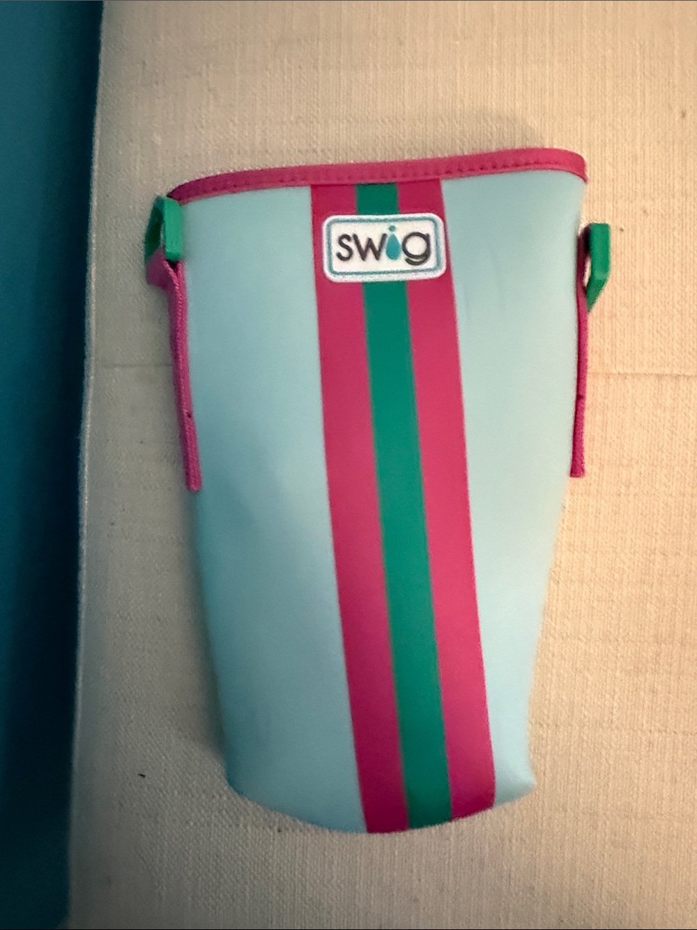 Swig Aqua Neoprene Tumbler Carrier with Pink and Green Stripes